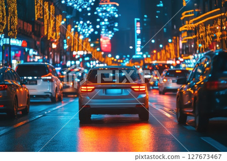 A car is driving down a busy city street at night. The street is filled with cars and the lights from the buildings create a bright and lively atmosphere A car is driving down a busy city street at night. The street is filled with cars and the lights from the buildings create a bright and lively atmosphere 127673467