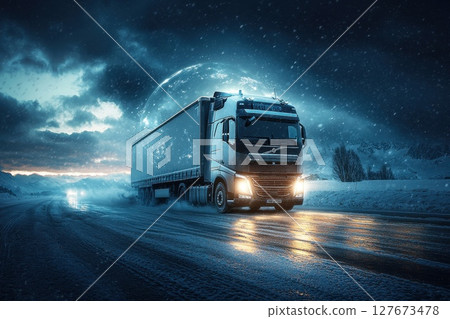A large truck is driving down a snowy road at night, cargo and logistic, global transportation 127673478