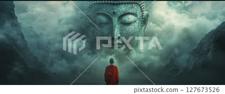 A monk in robe stands with their back gazing up at a colossal ethereal Buddha face that seems to form out of mist and smoke. 127673526