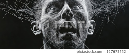 Abstract Portrait of Insomnia, Man in Fear and Anxiety, Geometric Shapes and Dashes Create Instability in Close-Up Composition on Black Background 127673532