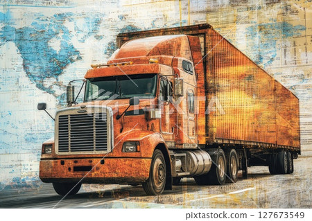 A large orange semi truck is driving down a road A large orange semi truck is driving down a road 127673549