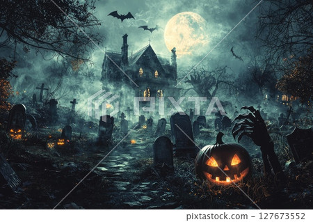 A Halloween scene with a creepy house, a cemetery, and bats flying around 127673552
