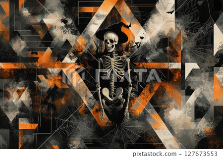 A skeleton is wearing a witch's hat and standing in front of a spider web 127673553