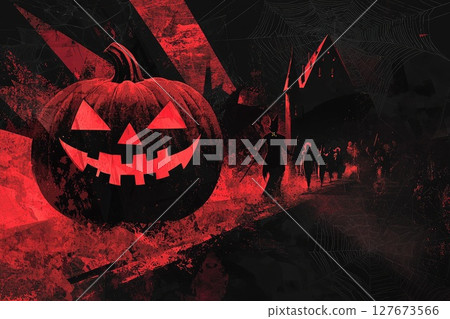 A pumpkin with a smiley face on it is surrounded by a dark background A pumpkin with a smiley face on it is surrounded by a dark background 127673566