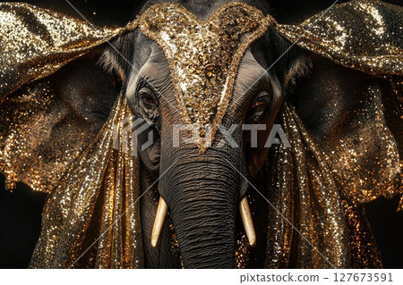 A gold covered elephant with a golden headdress A gold covered elephant with a golden headdress 127673591