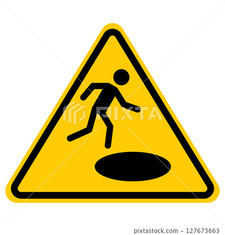 Hole in ground warning sign. Risk of death or injury. Large crater symbol. Do not jump sign. flat style. Hole in ground warning sign. Risk of death or injury. Large crater symbol. Do not jump sign. flat style. 127673663