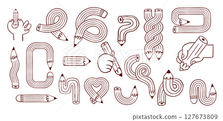 Collection of retro linear pencil illustrations and doodles 127673809