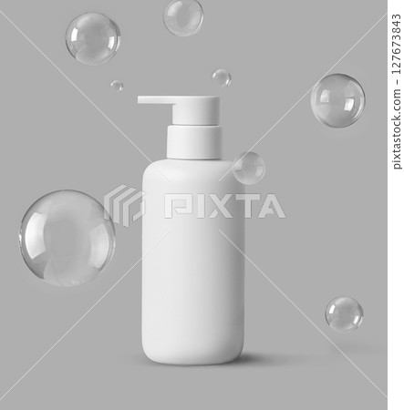 Pump Bottle Gracefully Surrounded by Bubbles on a Soft grey Background Pump Bottle Gracefully Surrounded by Bubbles on a Soft grey Background 127673843