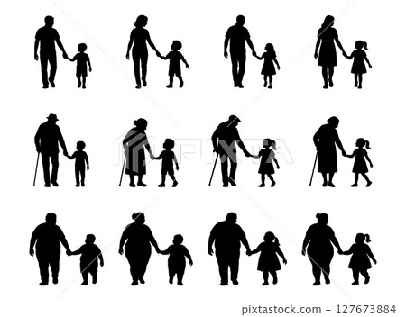 Set of silhouettes of adults of different ages with children walking hand in hand isolated on white background. concept of family generations, child care, parent kid relationship, walking together. 127673884