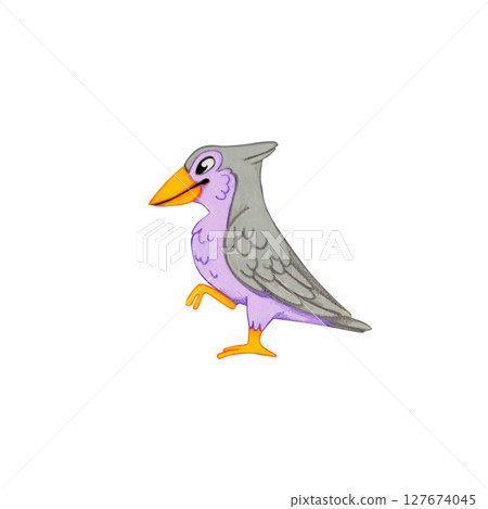 Cartoon bird with a big beak on a white background. Watercolor illustration of a fantastic bird, from a fairy tale. Gray-purple feathers. Perfect for children's books, postcards, fun design projects. Cartoon bird with a big beak on a white background. Watercolor illustration of a fantastic bird, from a fairy tale. Gray-purple feathers. Perfect for children's books, postcards, fun design projects. 127674045