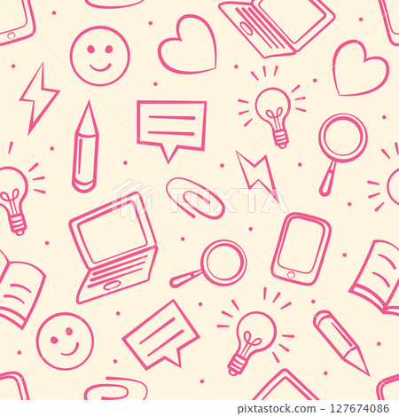 A fun and playful seamless pattern with school and office elements in pink. A fun and playful seamless pattern with school and office elements in pink. 127674086