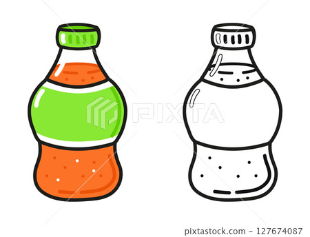A cartoon soda bottle with a green label and cap alongside a black and white outline. A cartoon soda bottle with a green label and cap alongside a black and white outline. 127674087