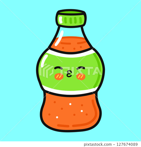 A smiling cartoon soda bottle, perfect for refreshment on a summer day. A smiling cartoon soda bottle, perfect for refreshment on a summer day. 127674089