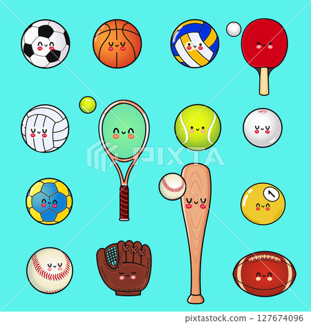 An adorable cartoon illustration featuring a variety of sports equipment with cute, smiling faces. 127674096
