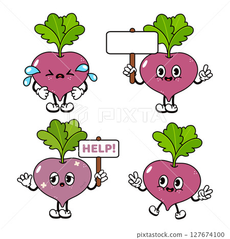 Playful Beetroot characters expressing varied emotions sad, happy, bored, pleading with whimsical cartoon styling 127674100