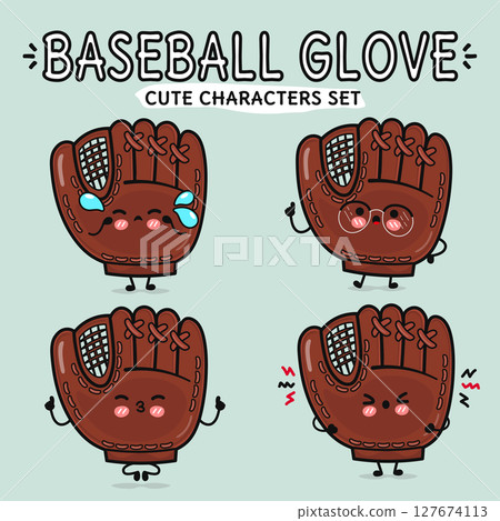 Whimsical cartoon Baseball Gloves featuring cute expressions, perfect for playful designs and fun content. 127674113
