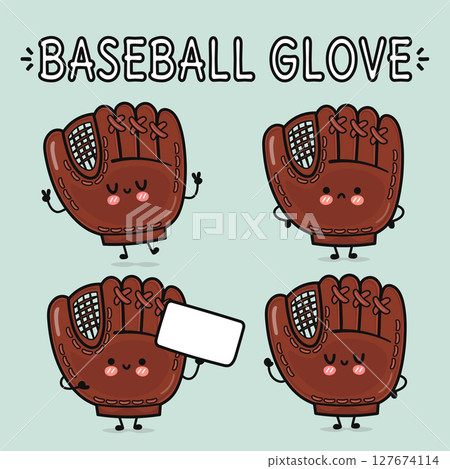 Adorable cartoon Baseball Gloves with various cute expressions on a light blue background. 127674114