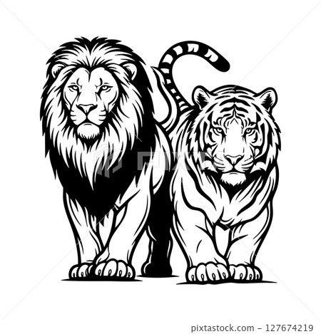 Vector illustration of powerful lion and tiger standing side by side, Wildlife Animals. 127674219