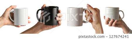Mockup hand holding plain white, black, and ceramic mug without logo isolated on a transparent background for product presentation or design overlay. Mockup hand holding plain white, black, and ceramic mug without logo isolated on a transparent background for product presentation or design overlay. 127674241