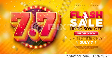 7 July Shopping Day Flash Sale Design with 3d 7.7 Multilayer Number, Light Bulb Billboard and Stage Podium on Yellow Background. Vector Summer Special Offer 50 Percent Off Campaign Discount 7 July Shopping Day Flash Sale Design with 3d 7.7 Multilayer Number, Light Bulb Billboard and Stage Podium on Yellow Background. Vector Summer Special Offer 50 Percent Off Campaign Discount 127674370