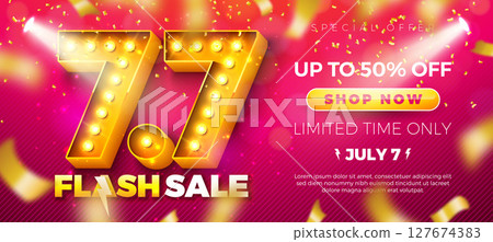 7 July Shopping Day Flash Sale Design with 3d 7.7 Number, Light Bulb Billboard and Stage Podium on Red Background. Vector Summer Special Offer 50 Percent Off Campaign Discount Illustration for Coupon 7 July Shopping Day Flash Sale Design with 3d 7.7 Number, Light Bulb Billboard and Stage Podium on Red Background. Vector Summer Special Offer 50 Percent Off Campaign Discount Illustration for Coupon 127674383