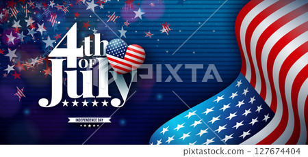 Fourth of July Independence Day Banner Illustration with American Flag Pattern Heart and Stars on Blue Background. Vector 4th of July National Celebration Design with Typography Letter for Flyer 127674404