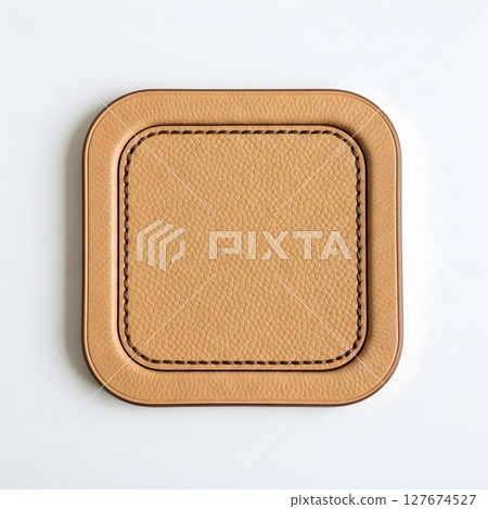 Square leather tag with decorative stitched border. Blank label for branding, fashion, craft, or product advertisement. Square leather tag with decorative stitched border. Blank label for branding, fashion, craft, or product advertisement. 127674527