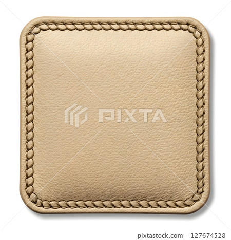 Square leather tag with decorative stitched border. Blank label for branding, fashion, craft, or product advertisement. Square leather tag with decorative stitched border. Blank label for branding, fashion, craft, or product advertisement. 127674528
