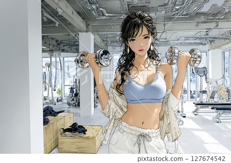 Illustration material of a young woman doing strength training with dumbbells at a sports gym Illustration material of a young woman doing strength training with dumbbells at a sports gym 127674542