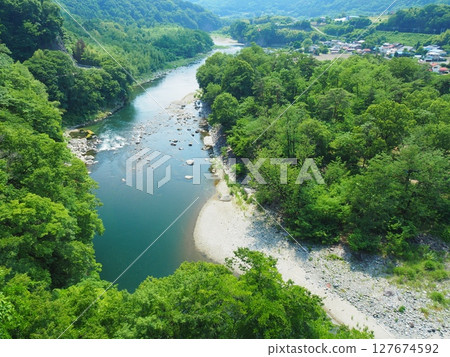 夏日的澀川市赤城町田下不動附近的利根川 127674592