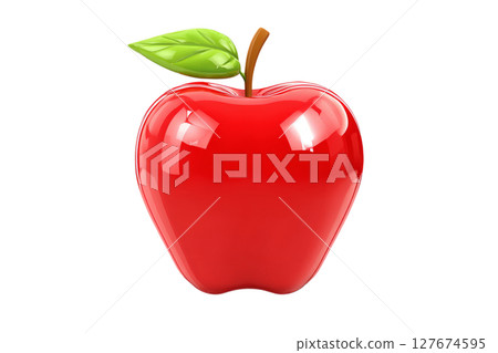 3D apple for teacher, shiny red with green leaf, cartoon icon, white background 127674595