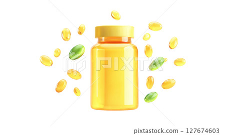 supplement bottle with glowing vitamins around it, clean white backdrop supplement bottle with glowing vitamins around it, clean white backdrop 127674603