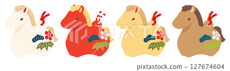 馬主題的幸運符黏土鈴鐺 | 新年賀卡插圖4色套裝 127674604