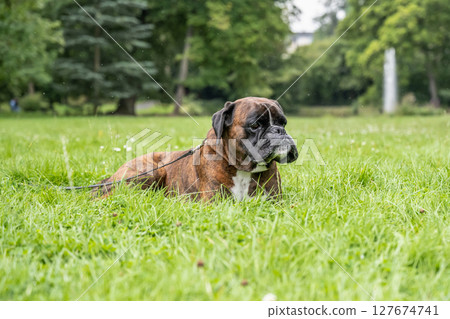 beautiful 3 years old purebred golden brown german boxer dog puppy jumping playing outdoor shooting 127674741