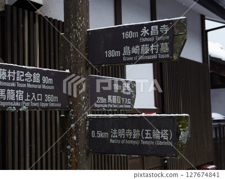 Tourist information board in the old townscape of Magome-juku, a tourist attraction on the Nakasendo road in winter 127674841