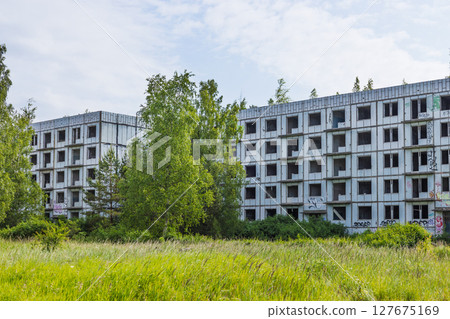 Abandoned Soviet Era Apartment Blocks in Irbene Ghost Town Latvia Overgrown by Nature 127675169