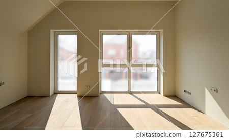 Sunlit Empty Room with Modern Windows and Wooden Floor 127675361