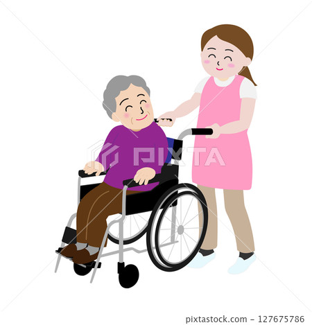 推著輪椅的照顧者 推著輪椅的照顧者 127675786