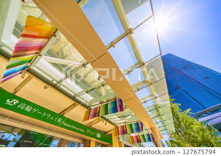 Tokyo cityscape, Japan, June. View of Takanawa Gateway Station and Takanawa Gateway City. 127675794