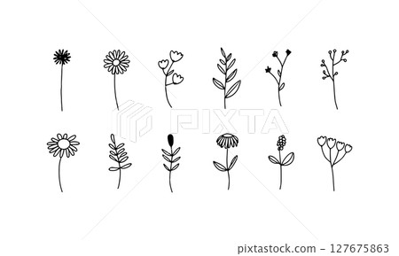 Single Floral Element. A single hand-drawn flower with gentle curved petals and clean lines for subtle botanical designs. 127675863