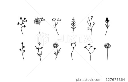 Silhouette Floral Trio. Three black silhouette flowers with bold petal shapes and elegant curved stems, ideal for modern graphic compositions. Silhouette Floral Trio. Three black silhouette flowers with bold petal shapes and elegant curved stems, ideal for modern graphic compositions. 127675864