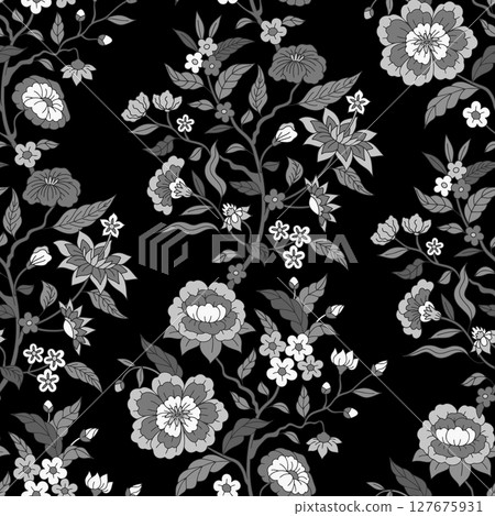 Monochrome gray Jacobean seamless pattern with hand drawn flowers and leaves on black background. Boho floral repeat wallpaper with indian chintz ornament 127675931