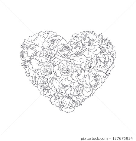 Hand drawn line art heart colmosition filled with monochrome black and white rose flowers Hand drawn line art heart colmosition filled with monochrome black and white rose flowers 127675934