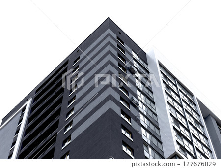 Building corner with modern high rise apartment architecture. Tall white residential structure with Building corner with modern high rise apartment architecture. Tall white residential structure with 127676029