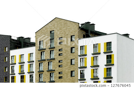 Building with Dutch gable roof and modern brick facade. Contemporary northern European apartment 127676045