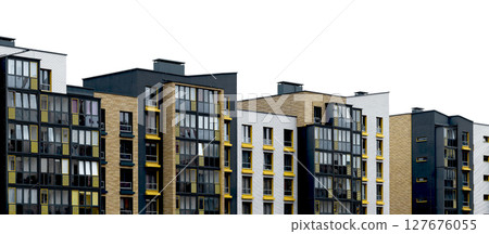 Building with panoramic windows and yellow wood facade. Modern apartment architecture featuring 127676055