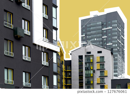 Buildings with modern high rise and mid rise apartment architecture. Urban collage with geometric Buildings with modern high rise and mid rise apartment architecture. Urban collage with geometric 127676061