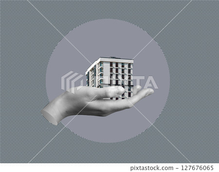Collage of a hand holding a small modern high rise building with balconies and palm. Concept 127676065