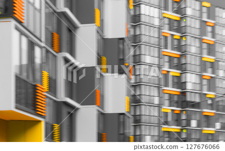 Colorful apartment building with orange, yellow, and gray facade. Blurry vertical structure in urban 127676066