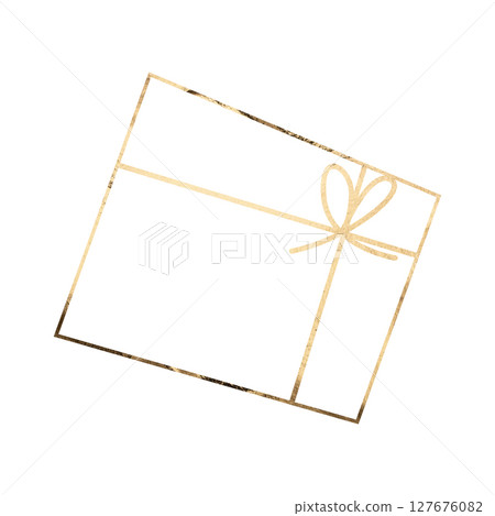 Golden gift box with ribbon and bow shown from top view in simple line art style. Luxury festive Golden gift box with ribbon and bow shown from top view in simple line art style. Luxury festive 127676082